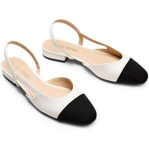 Dream Pairs Women's White Faux Leather Cap Toe Slingback Ballet Flats Shoes